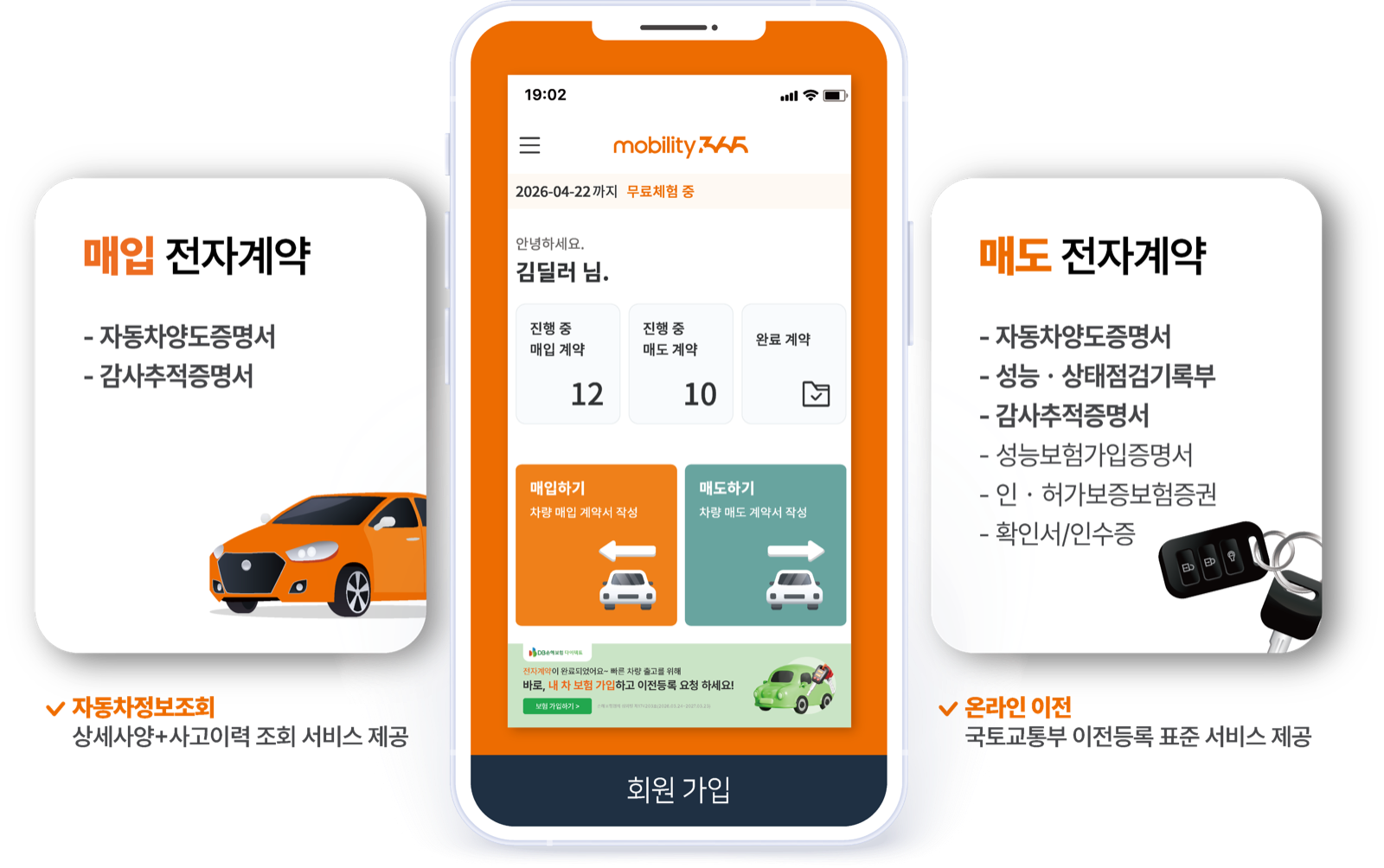 모빌리티365 앱 화면 — 매입 전자계약 (자동차양도증명서·감사추적증명서) / 매도 전자계약 (자동차양도증명서·성능상태점검기록부·감사추적증명서·성능보험가입증명서·사고이력조회내역서·확인서/인수증)